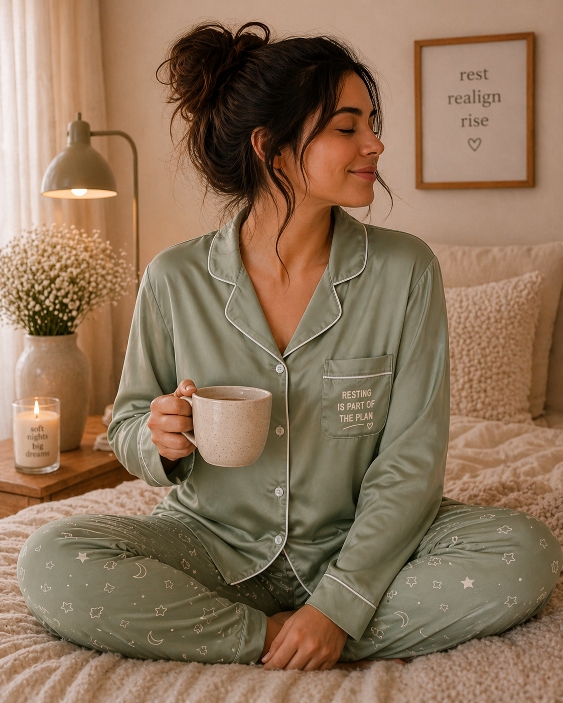 Resting Is Part of The Plan pajama set styled for a cozy evening