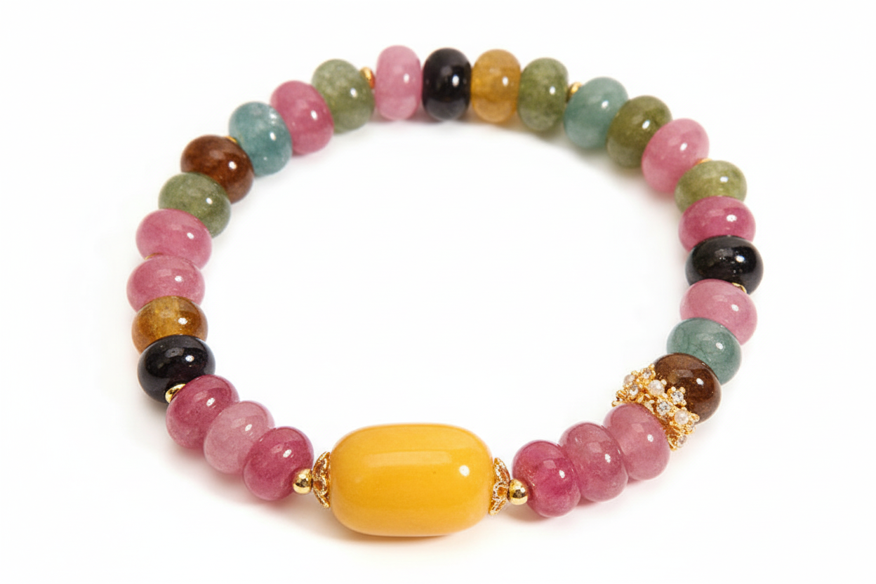 New Rainbow Tourmaline And Yellow Jade Bracelet For Women – Front view