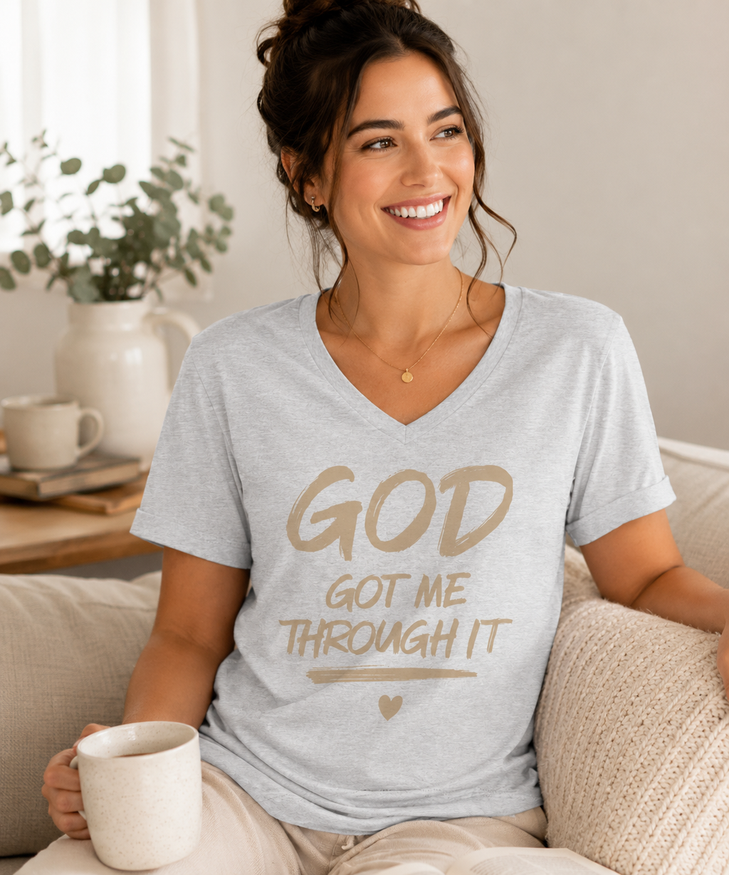 God Got Me Through It – Faith-Inspired Unisex V-Neck T-Shirt