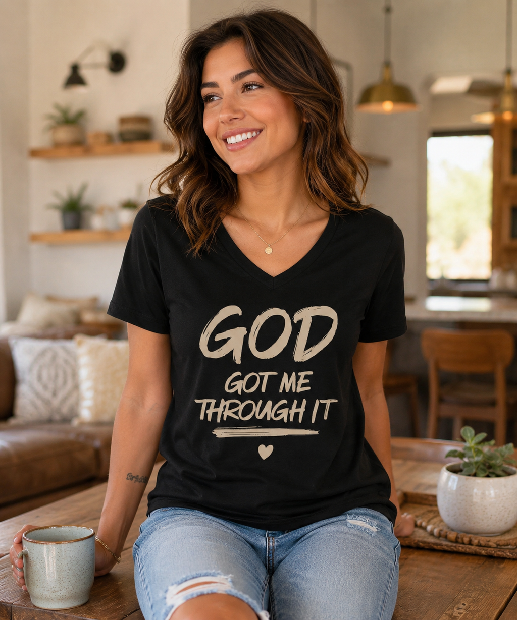God Got Me Through It – Faith-Inspired Unisex V-Neck T-Shirt