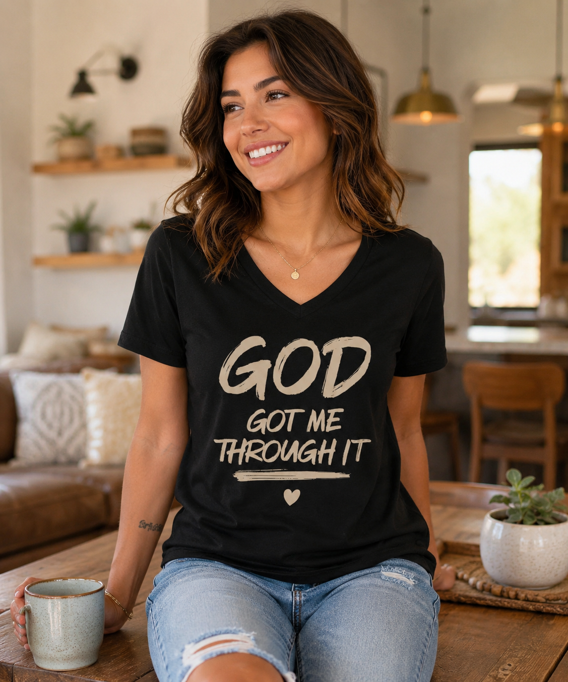 God Got Me Through It – Faith-Inspired Unisex V-Neck T-Shirt