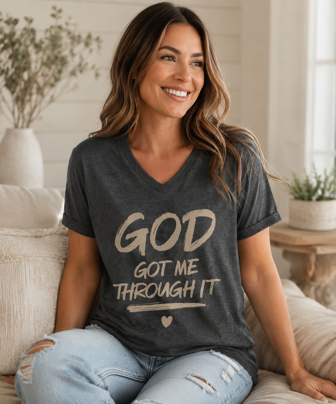 God Got Me Through It – Faith-Inspired Unisex V-Neck T-Shirt