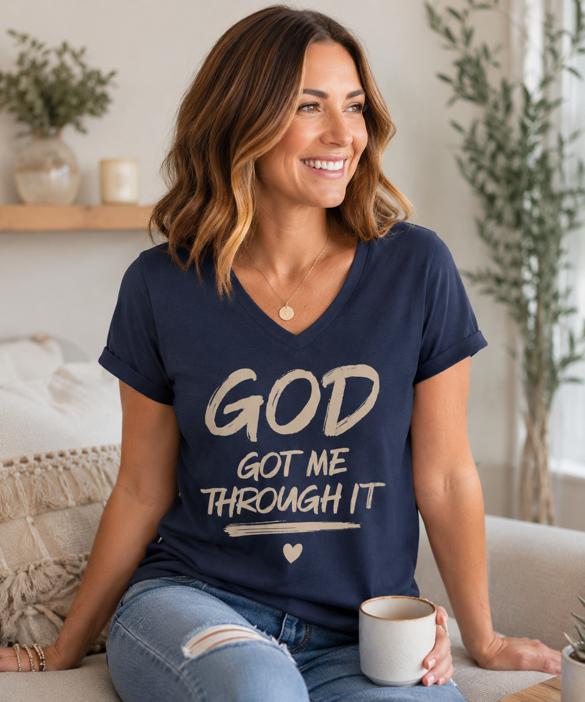 God Got Me Through It – Faith-Inspired Unisex V-Neck T-Shirt