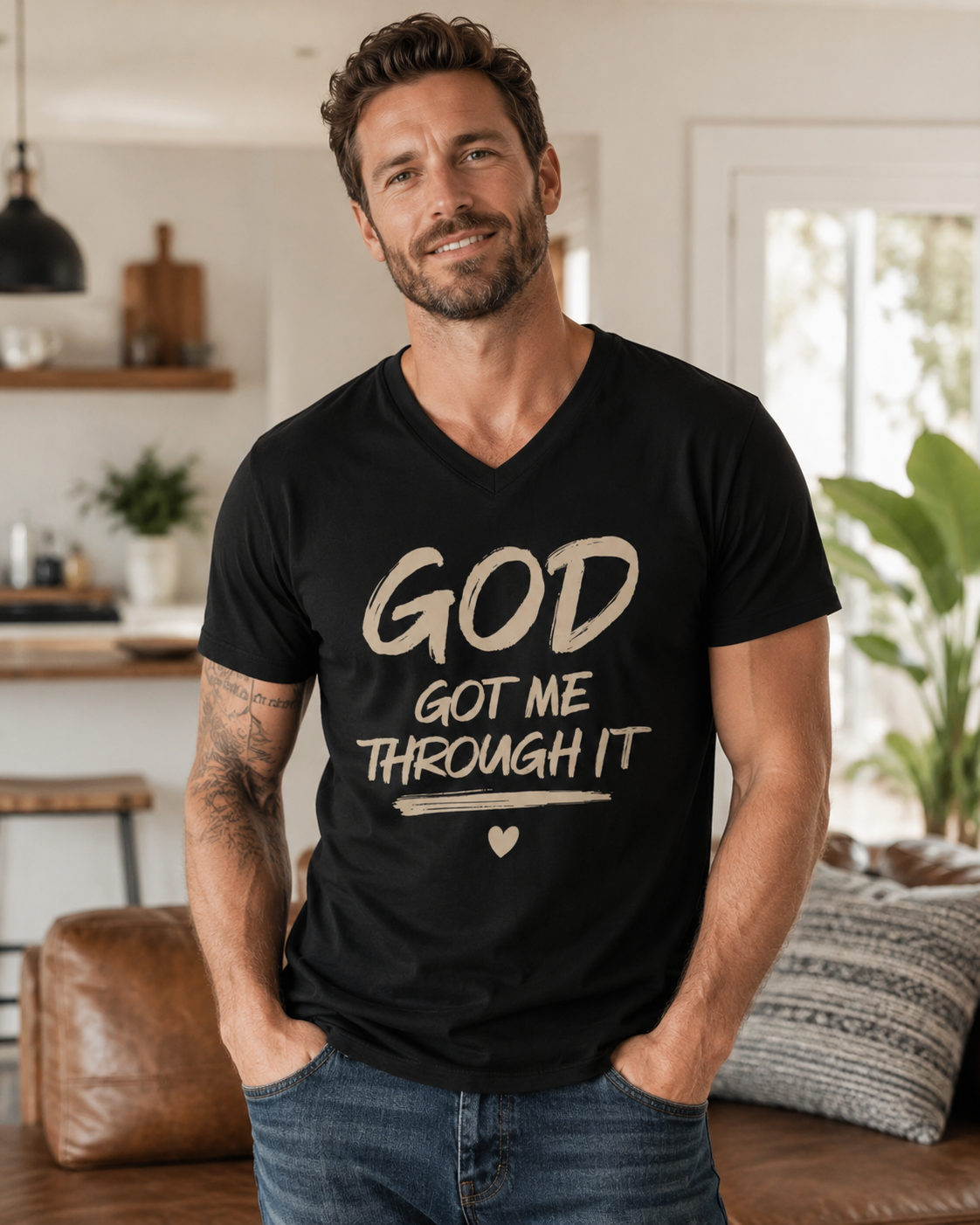 God Got Me Through It – Faith-Inspired Unisex V-Neck T-Shirt
