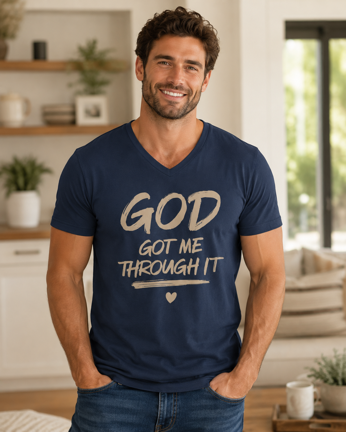God Got Me Through It – Faith-Inspired Unisex V-Neck T-Shirt