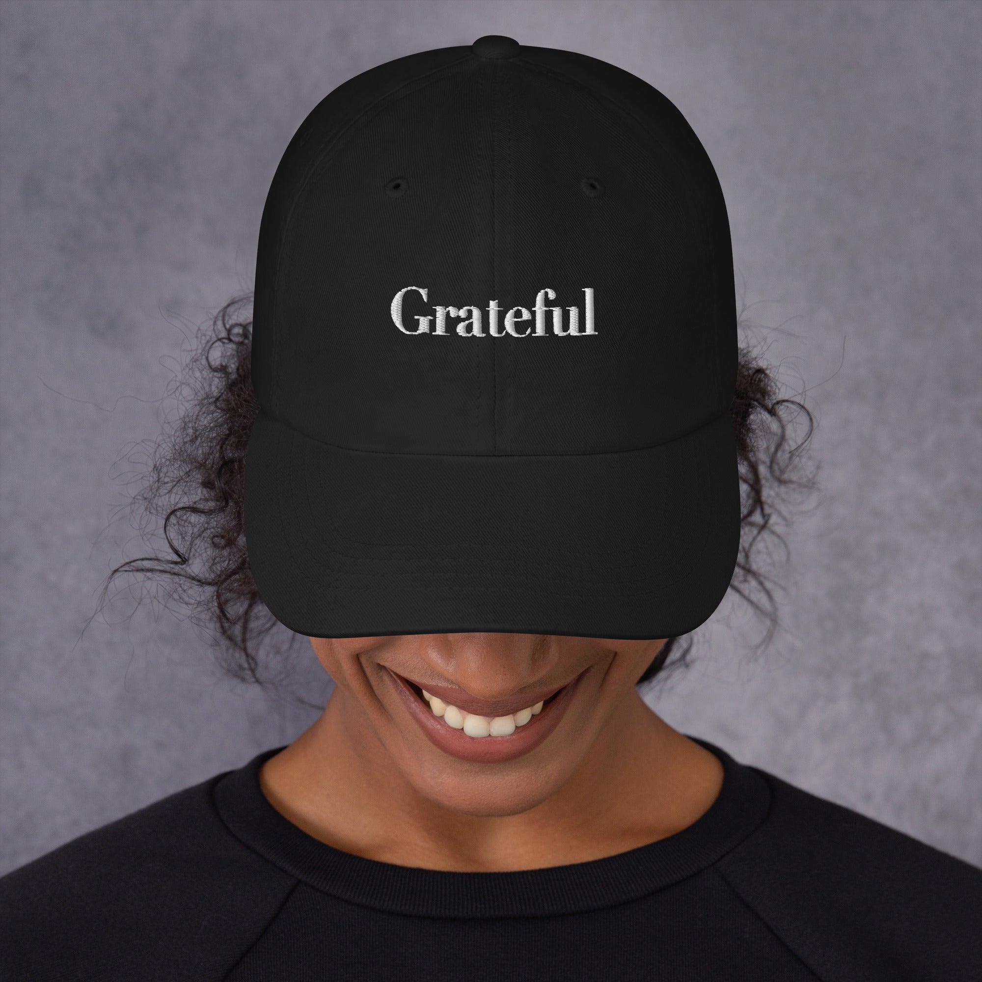 GRATEFUL Embroidered Hat – Positive Mindset Cap – Black – Front view