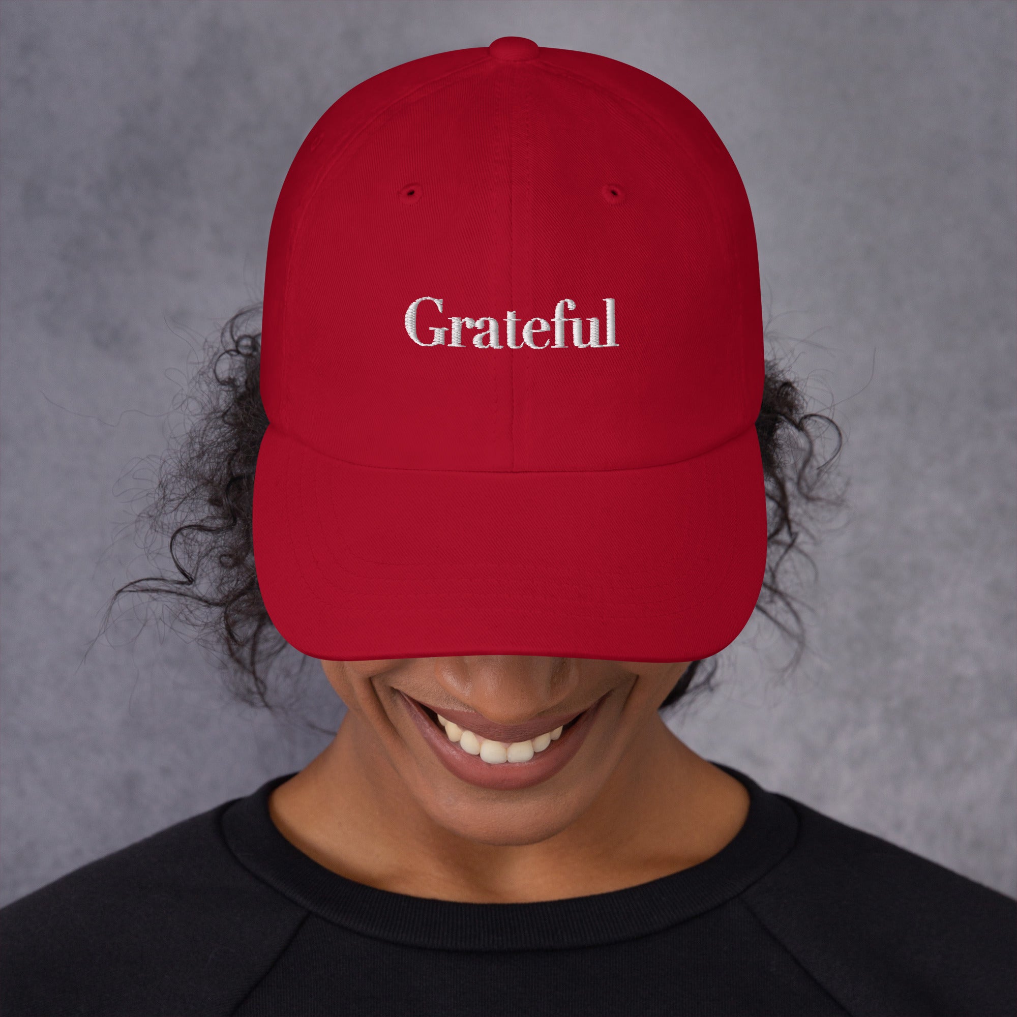 GRATEFUL Embroidered Hat – Positive Mindset Cap – Cranberry – Front view