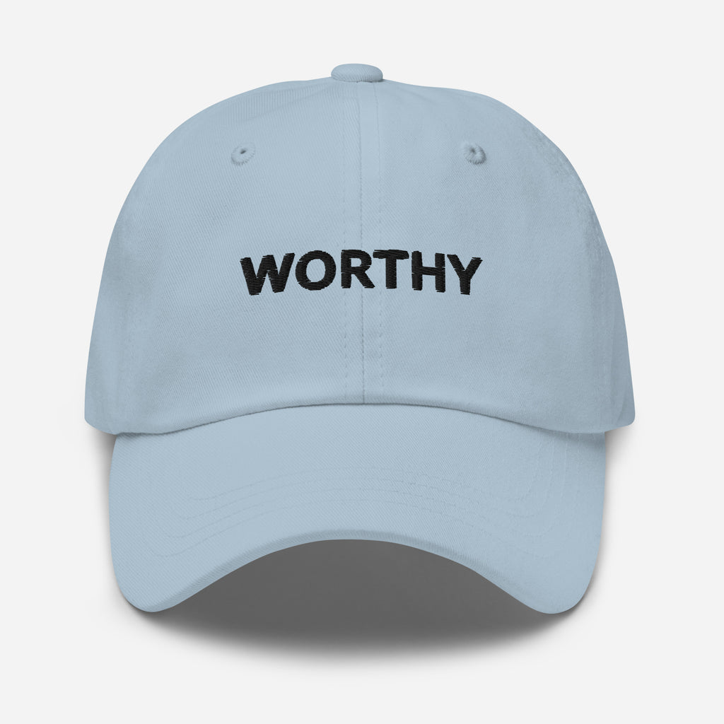 WORTHY Embroidered Hat – Positive Affirmation Cap – Light Blue – Front view