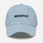 WORTHY Embroidered Hat – Positive Affirmation Cap – Light Blue – Front view