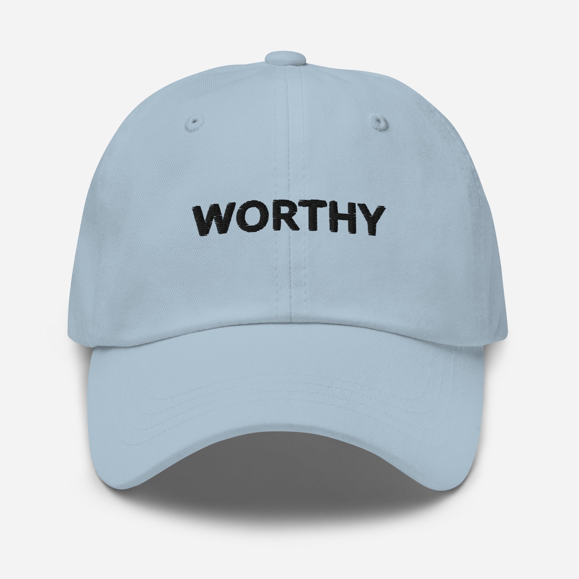WORTHY Embroidered Hat – Positive Affirmation Cap – Light Blue – Front view
