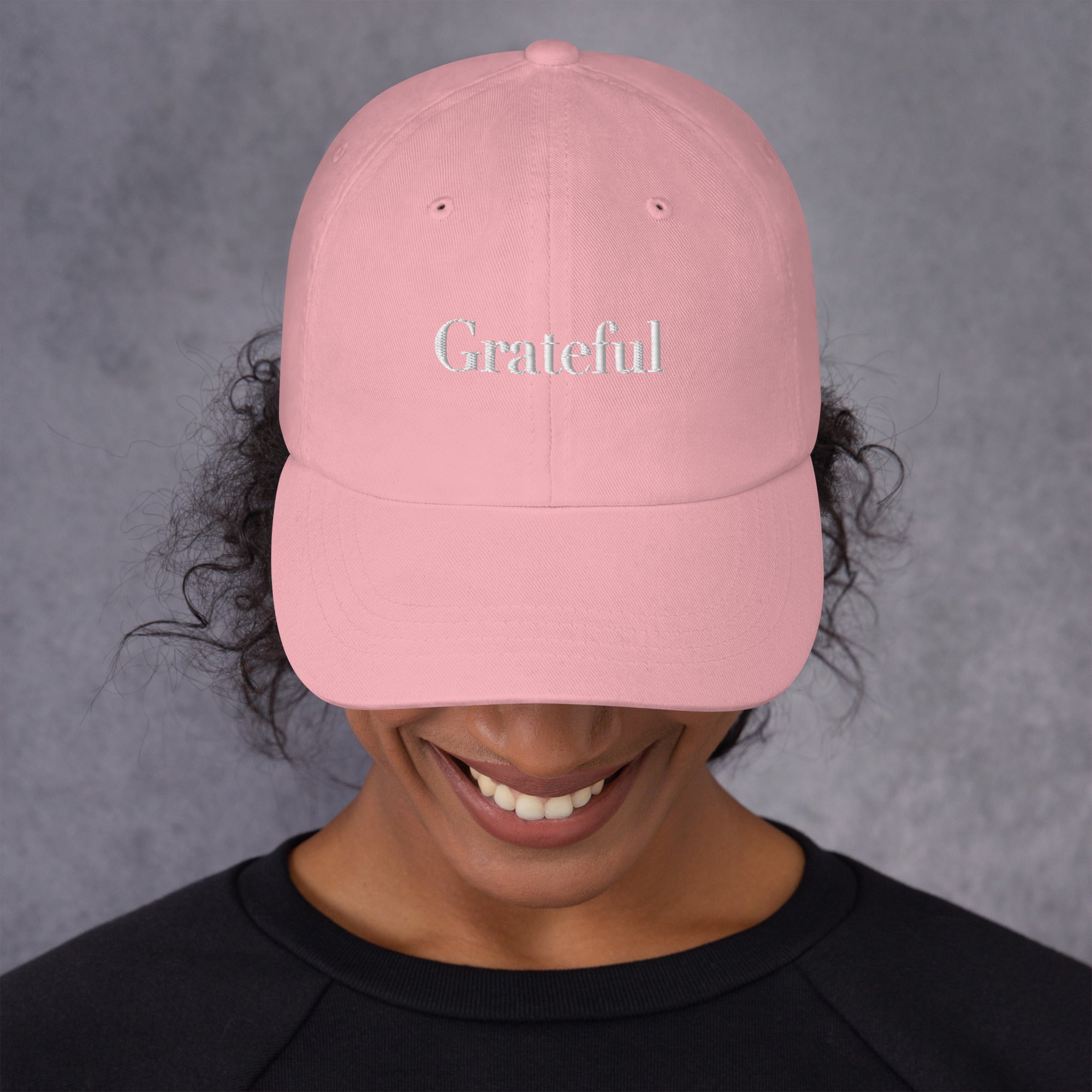 GRATEFUL Embroidered Hat – Positive Mindset Cap – Pink – Front view