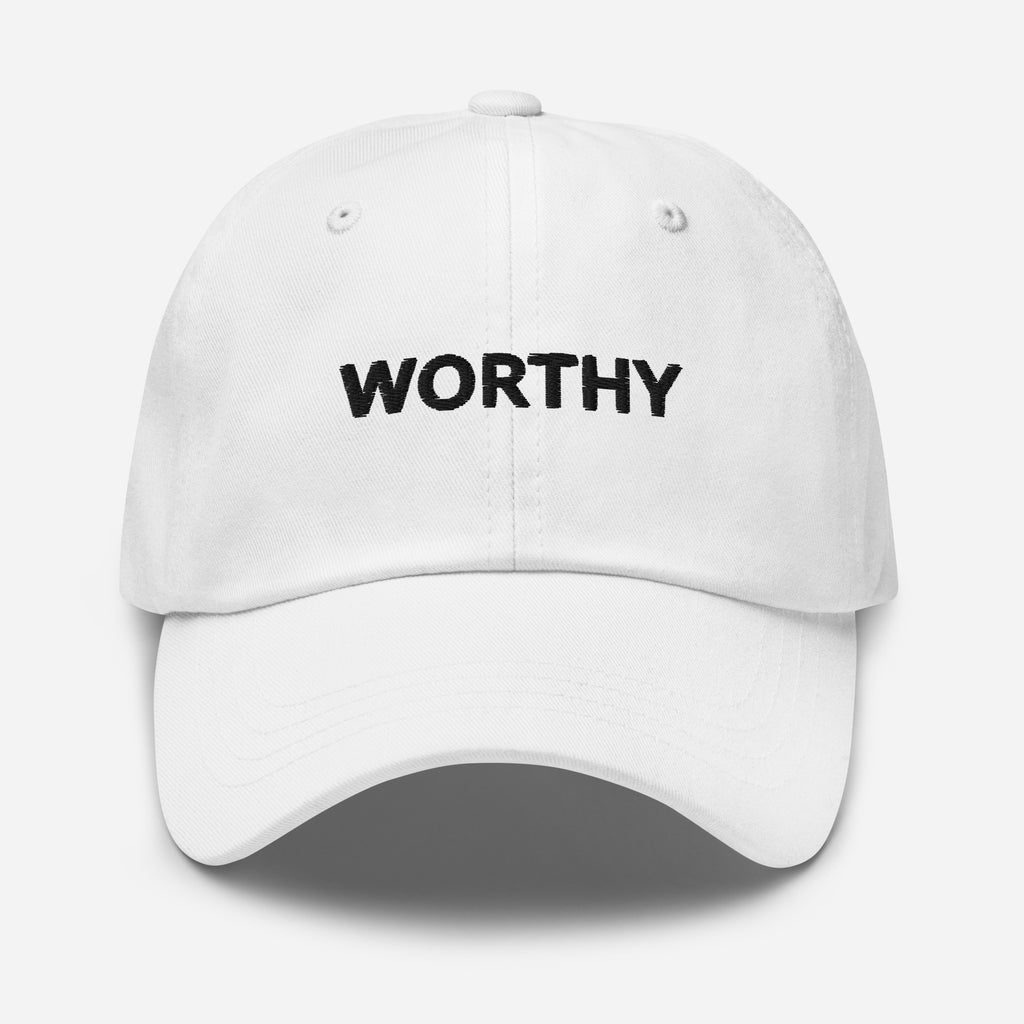 WORTHY Embroidered Hat – Positive Affirmation Cap – White – Front view