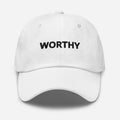 WORTHY Embroidered Hat – Positive Affirmation Cap – White – Front view