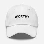 WORTHY Embroidered Hat – Positive Affirmation Cap – White – Front view