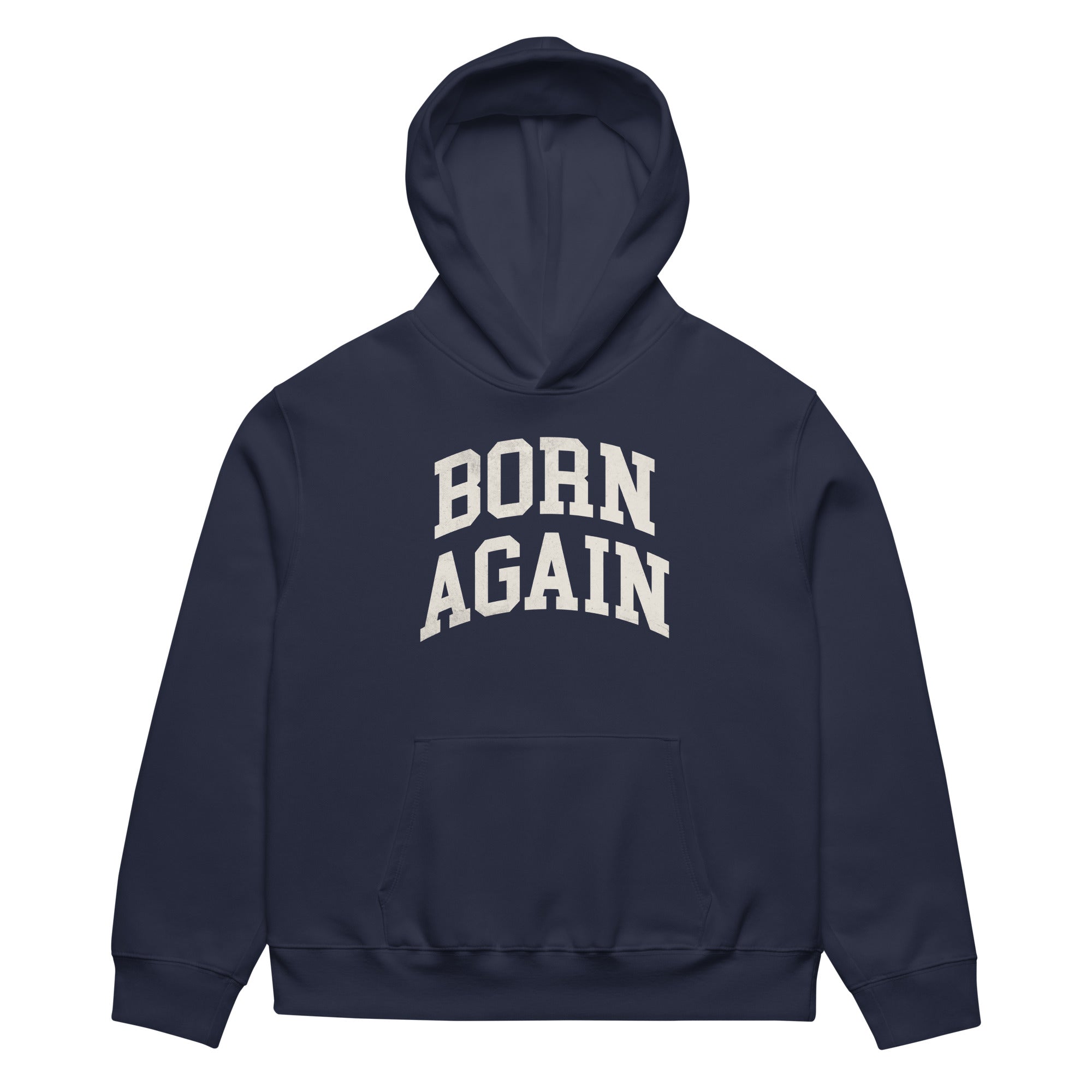 Born Again Oversized Hoodie – Faith-Inspired Comfort – Navy – Front view